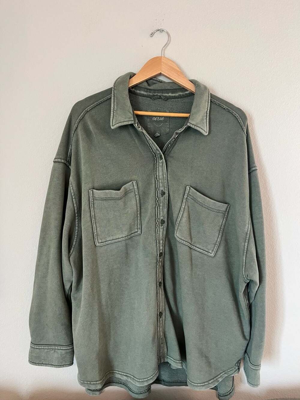 Aerie, Fleece Lumberjane Button Up Shirt, Oversized Loungewear, Green,XL